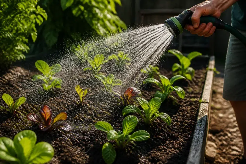 Tuinbed met vochtige aarde en sproeiende hand