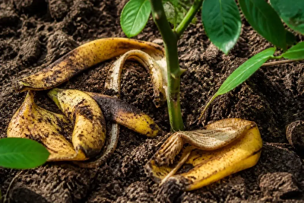 Bananenschillen graven rond rozenstengel in bruine aarde