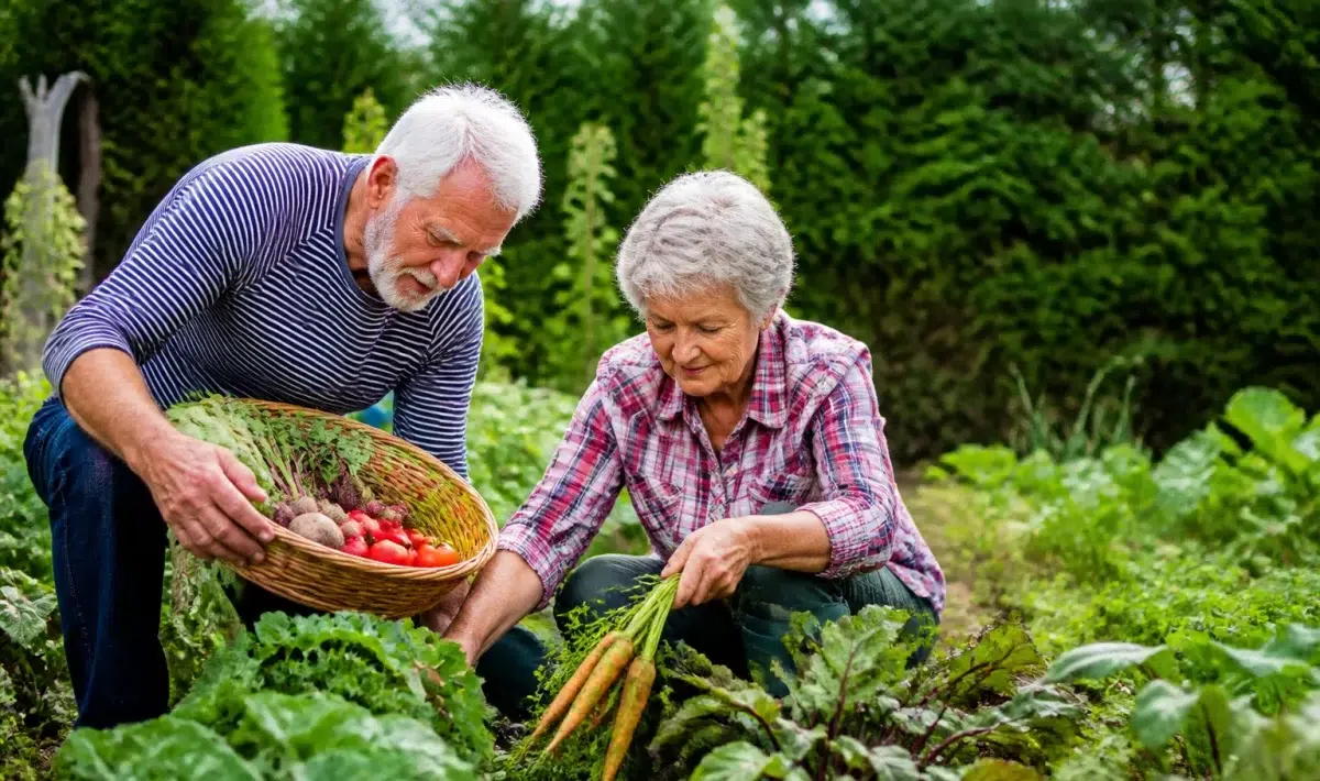 Bejaarde man en vrouw oogsten groenten in moestuin