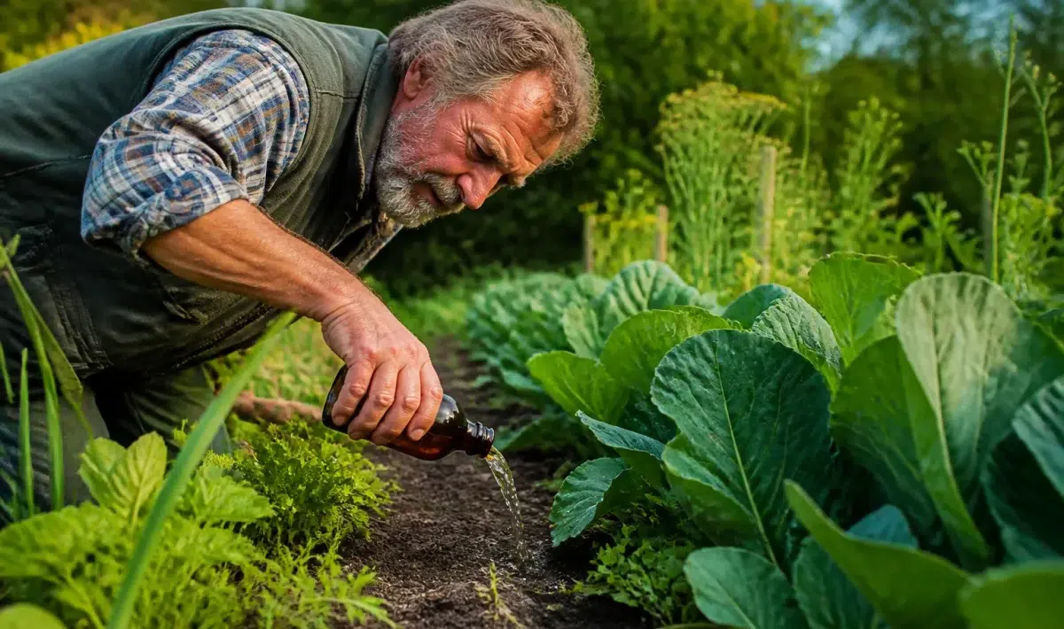 Tuinman buigt zich voorover met bierval tegen slakken in moestuin