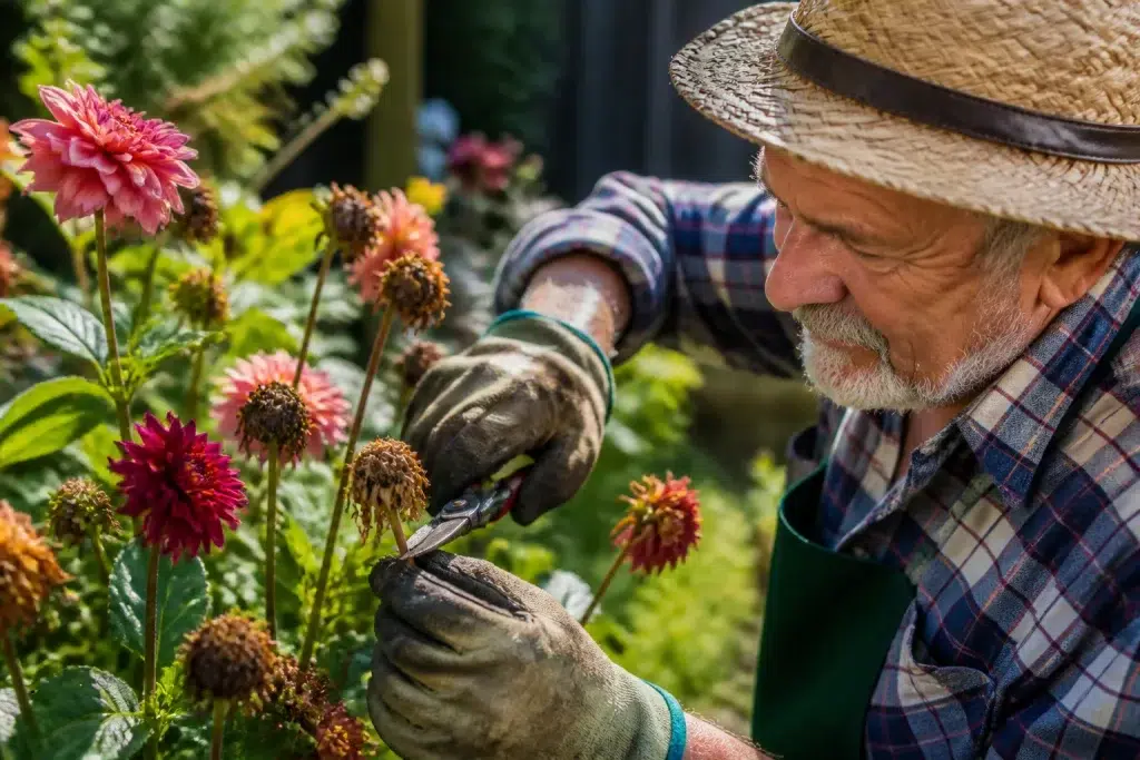 Tuinman knijpt verwelkte bloem af met schaar
