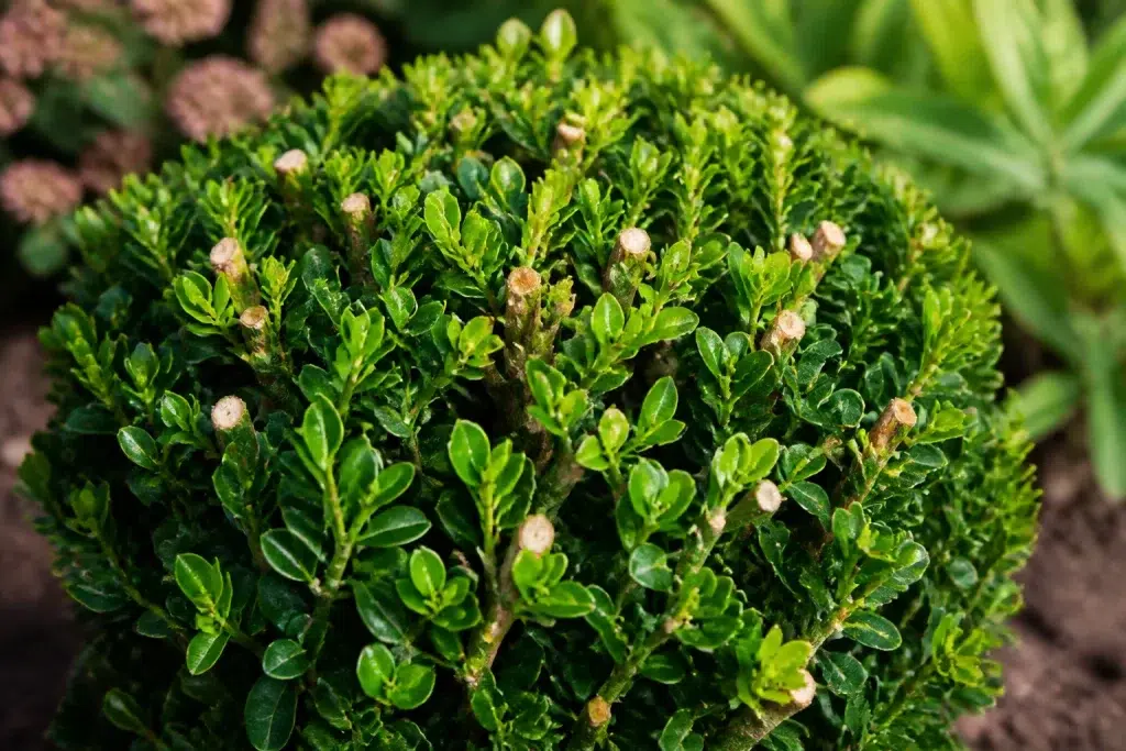 Geschoeide buxusstruik met groen nieuw uitgroeiend na snoeiwonden