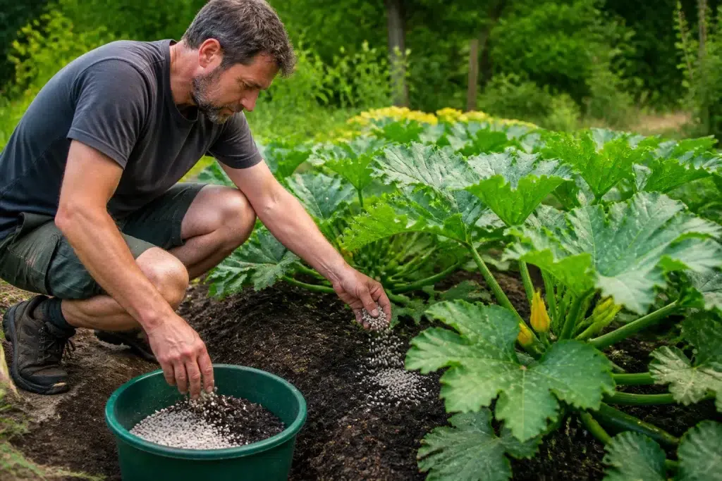 Tuinman strooit compost en meststof rond courgetteplanten