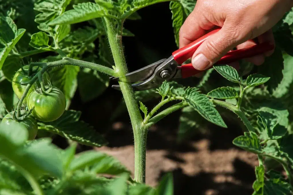 Hand cutting tomato plant stem with green leaves visible