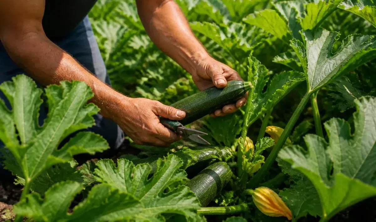 Tuinman plukt rijpe courgettes van groene planten in volle groei