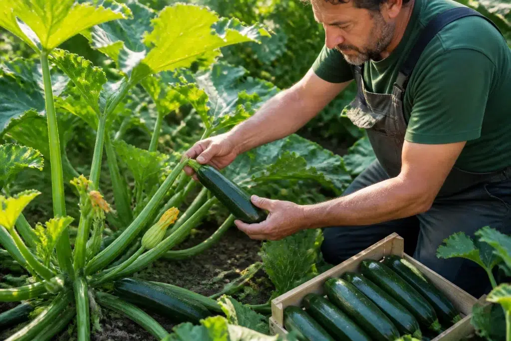 Tuinman oogst groene courgettes van ideale lengte dagelijks