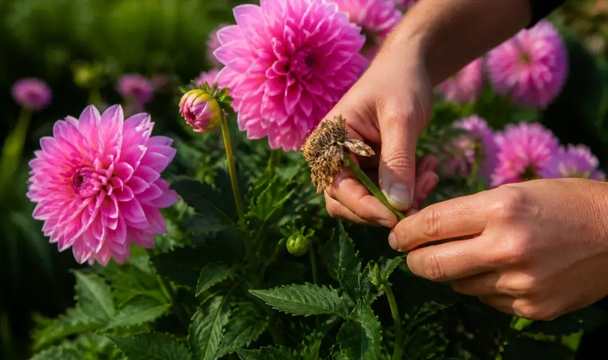 Handen verwijderen verwelkte bloemkoppen van roze dahlia's in tuin