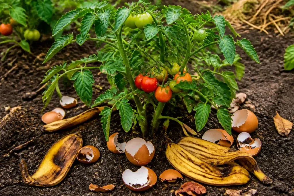 Bananenschillen en eierschalen rond tomatenplant in grond