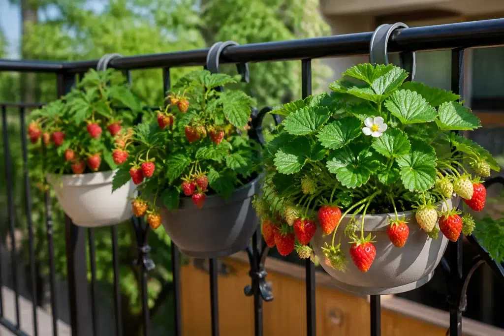 Potted strawberries and raspberries hanging on sunny balcony railing