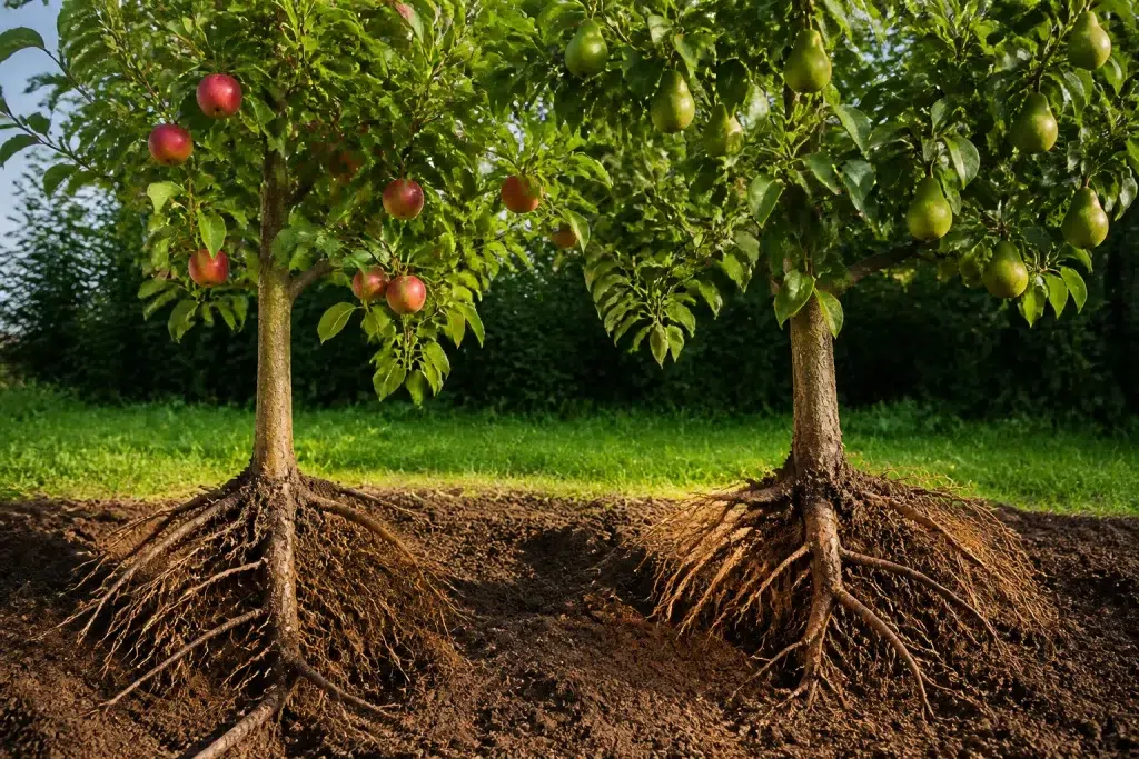 Twee fruitbomen naast elkaar met blote wortels zichtbaar