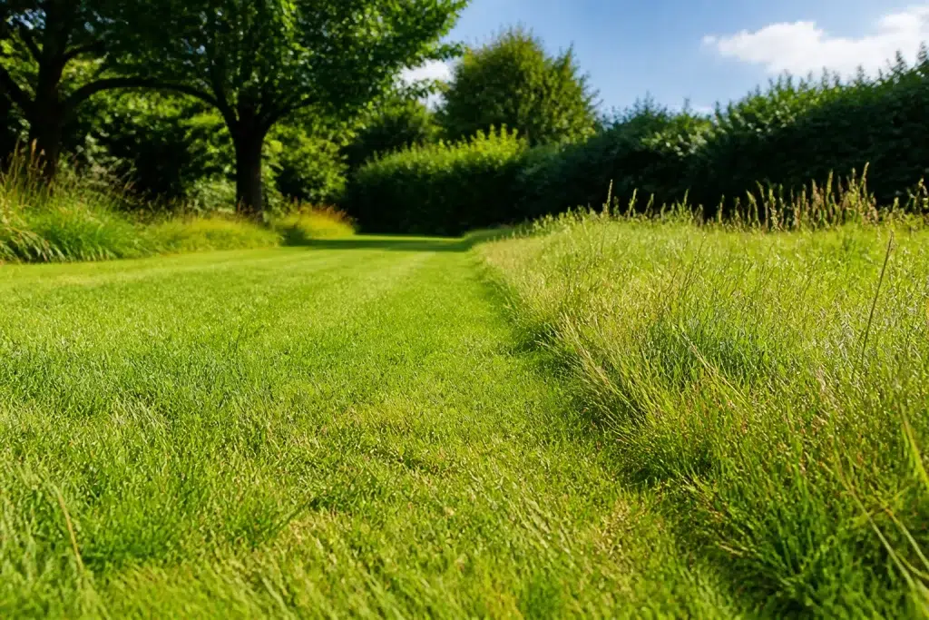 Groen gazon met hoger gemaaid gras tijdens droogte