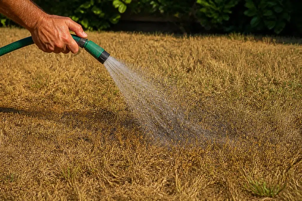 Geel verbrande grasmat met water sproeiend tuinslang