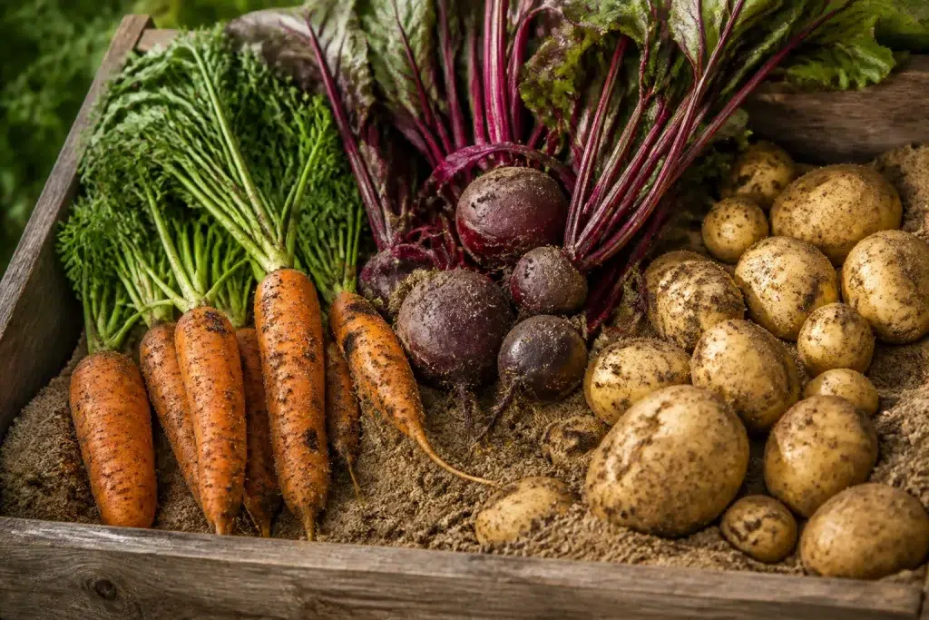 Wortelen, bieten en aardappelen in houten kist met zand