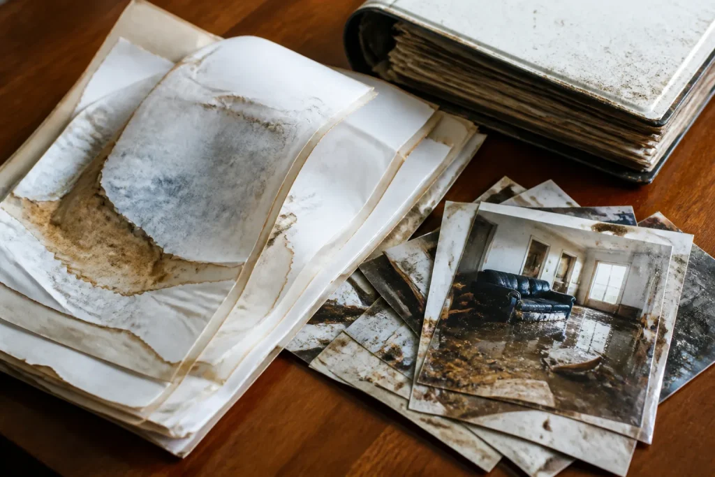 Documenten en foto's van waterschade op bureaublad