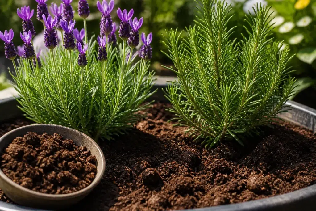 Lavendel en rozemarijn planten met bruine koffiedik grond
