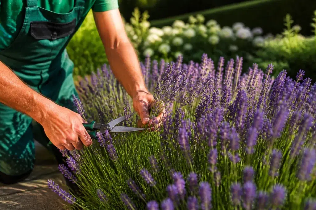 Tuinman snoeit paarse lavendel met scherpe schaar netjes