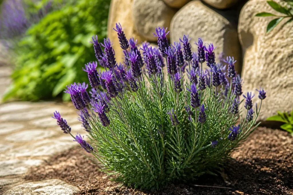 Compacte lavendelplant met paarse bloemen in zonnige tuin