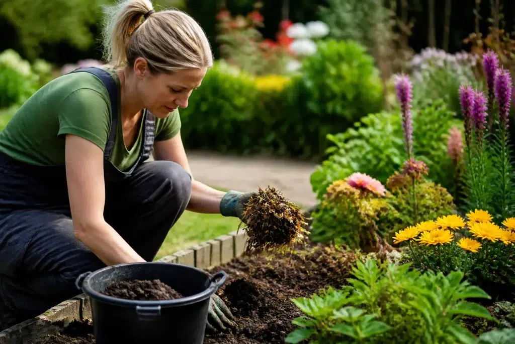 Tuinier verwijdert verwelkte planten en voegt compost toe