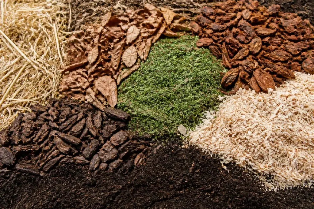 Verschillende mulchmaterialen naast elkaar op donkere grond
