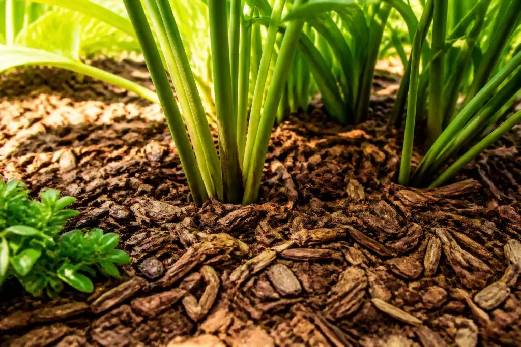Tuinbed bedekt met mulch rond groene plantenstengels