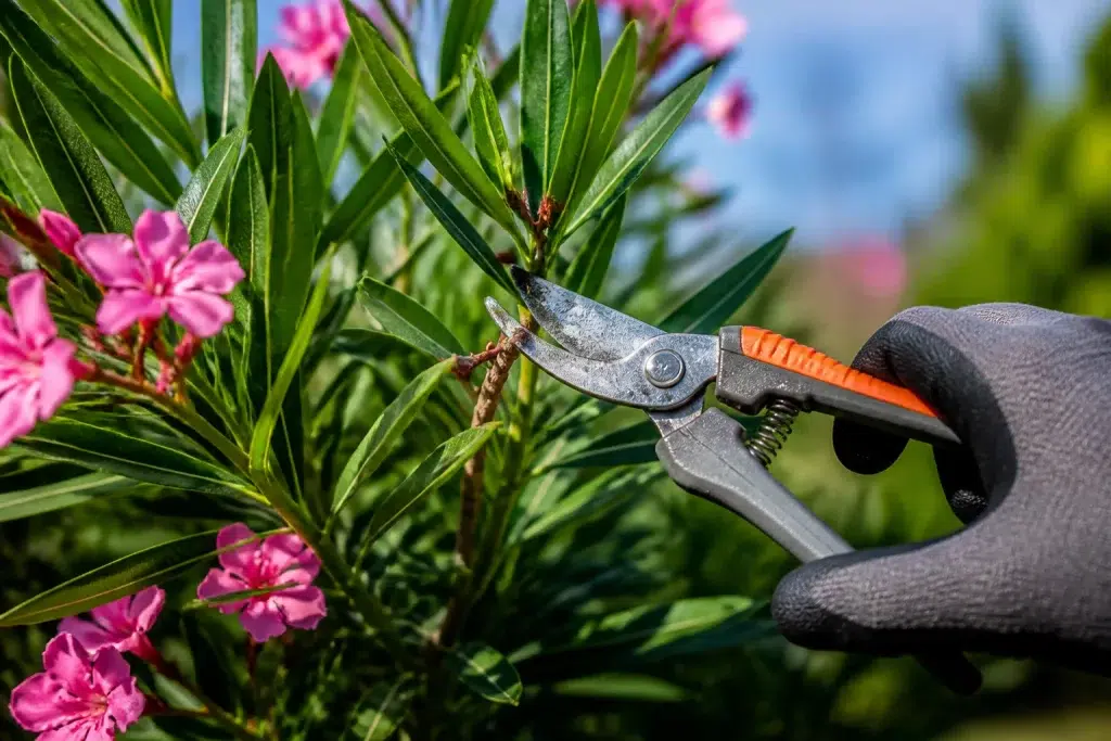 Desinfecteerde snoeischaar tegen oleander takken gericht