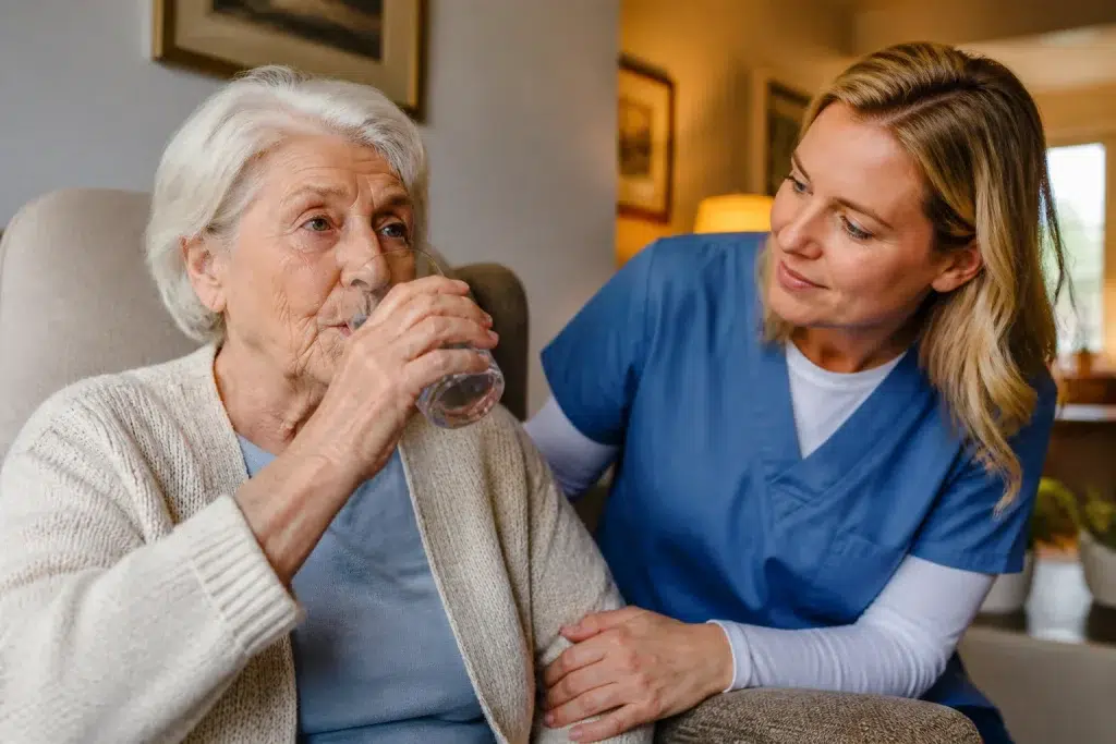 Oudere persoon drinkt water met zorgverlener in warme kamer