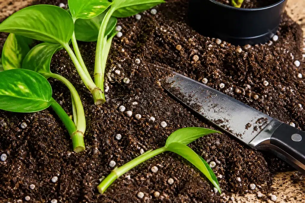 Plantenstekken in potgrond met scherp mes en perliet