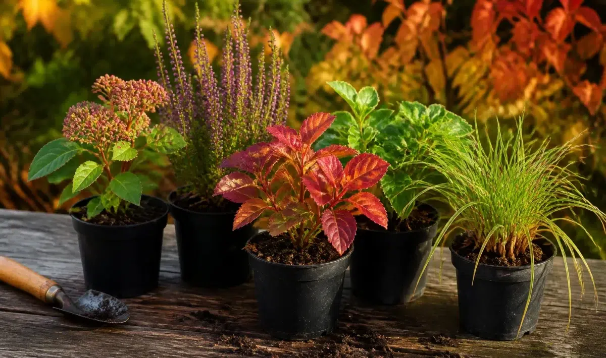 Vijf plantenstekken in potjes op tuintafel voor herfst