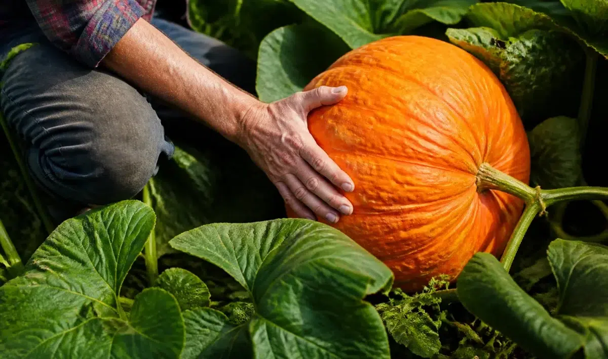 Tuinman steunt groeiende pompoen met hand tegen oranje vrucht