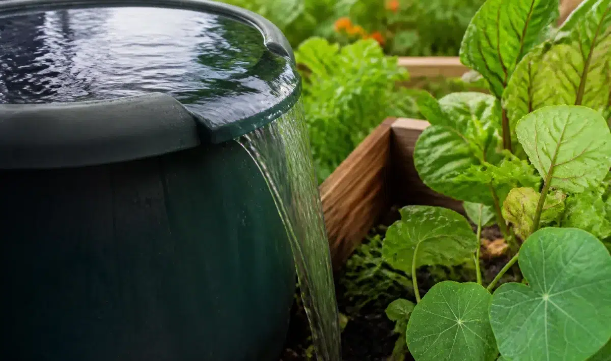 Regenwater stroomt over rand van plastic ton naar buurtuintje