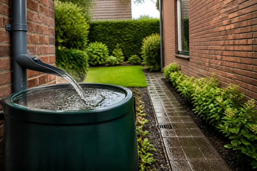 Overvolle regenton loost water richting buurhuis