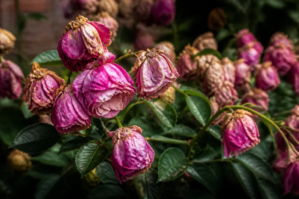Verwelkte rozenbloemen met hangende blaadjes aan struik