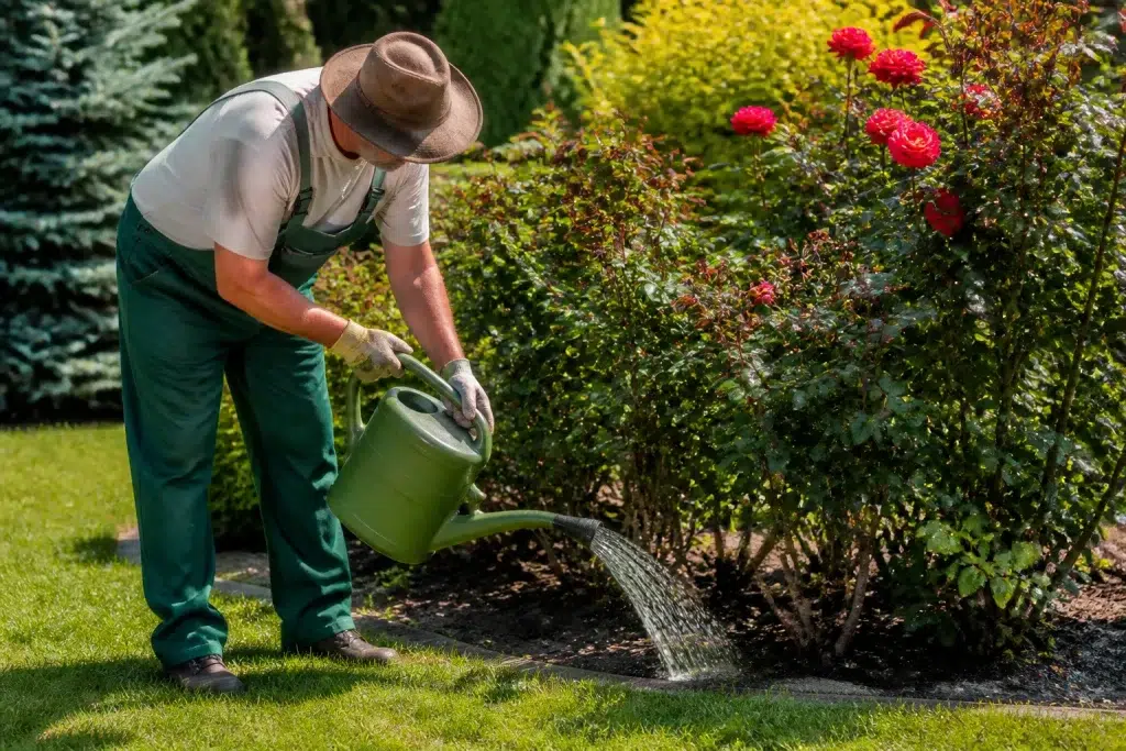 Tuinman giet water aan voet rozenstruik met groene bladeren