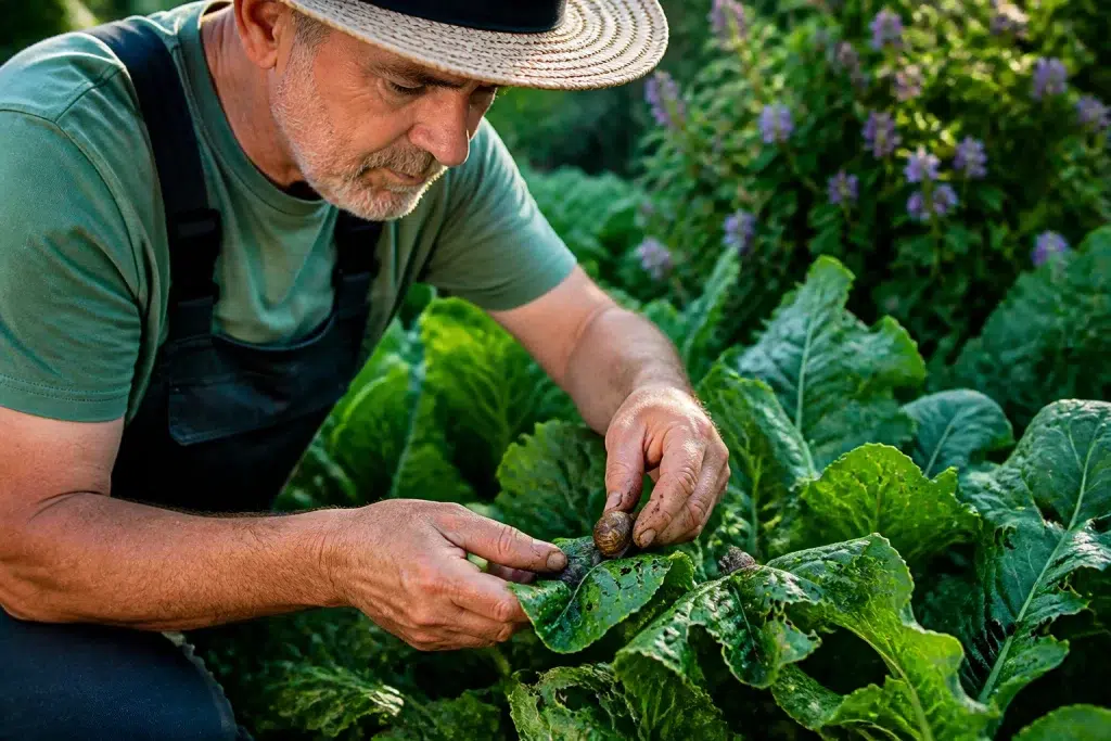 Tuinman verwijdert slakken handmatig van beschadigde plantenbladeren