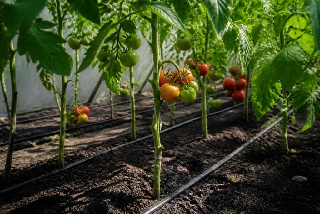Tomatemplant met onderste bladeren verwijderd voor ventilatie