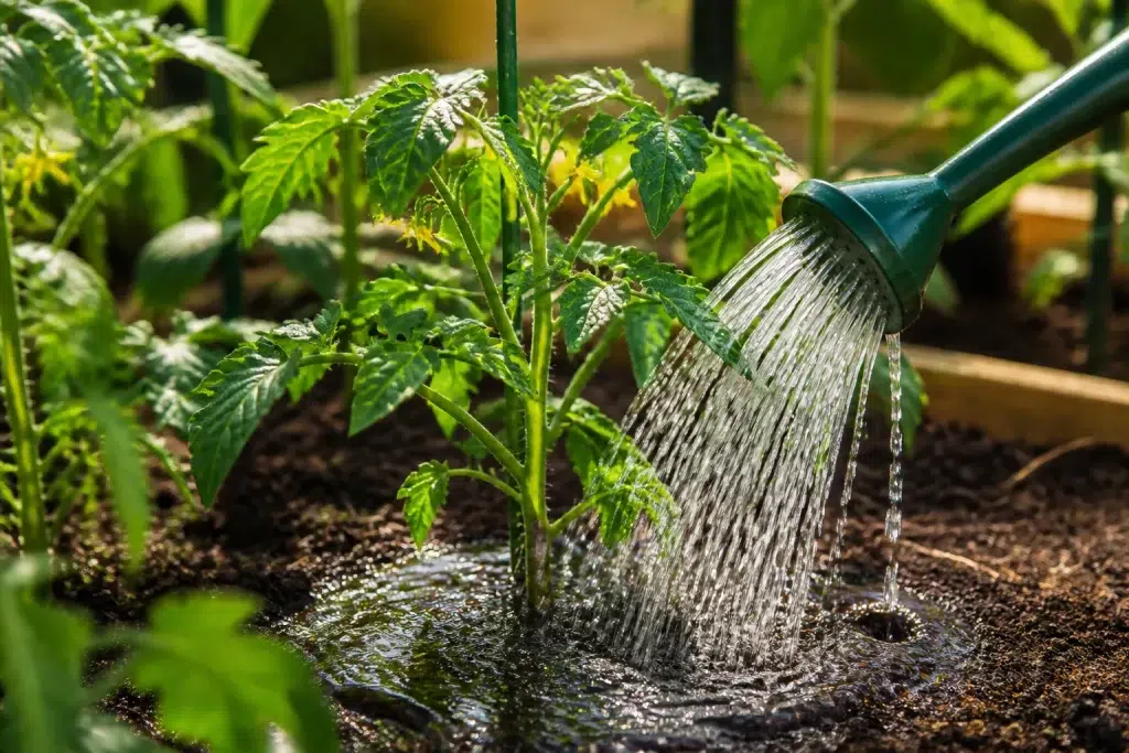 Tomatenplant met water gegoten in tuinbed