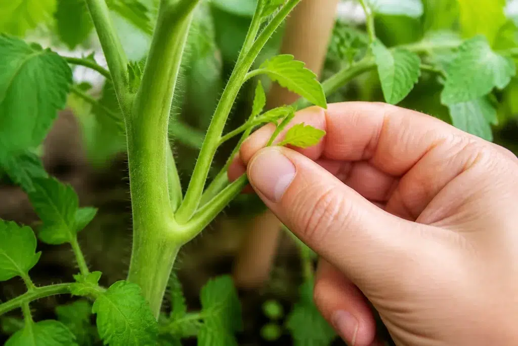 Handen verwijderen V-vormige tomatenscheuten tussen stengel en blad