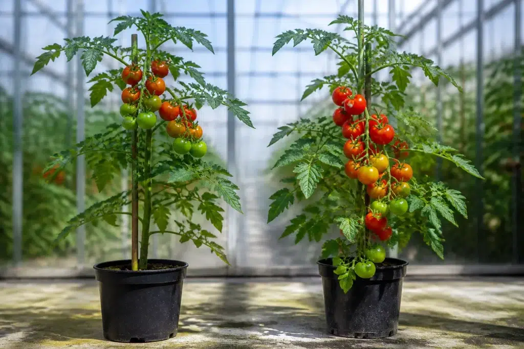 Twee tomatenplanten naast elkaar met verschillend groepatroon