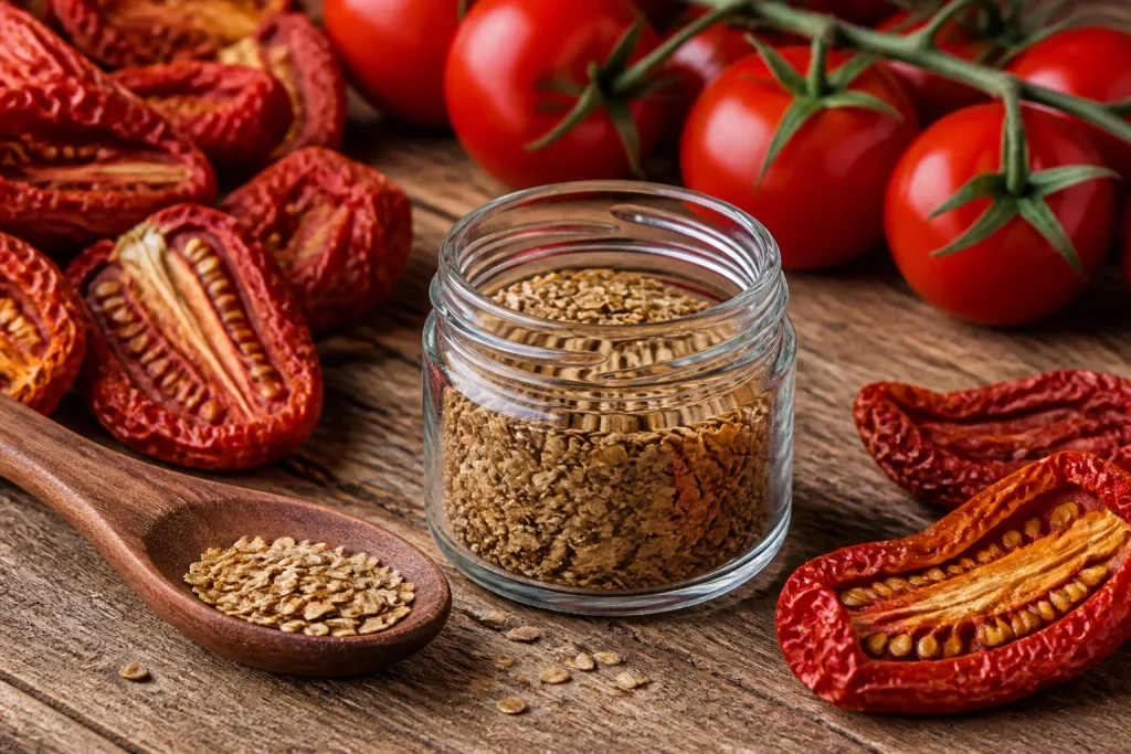 Glazen potje met gedroogde tomatenzaden en handgeschreven etiket