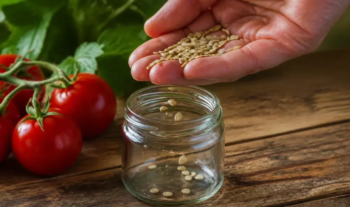Handen houden tomatenzaden boven glazen pot op houten tafel