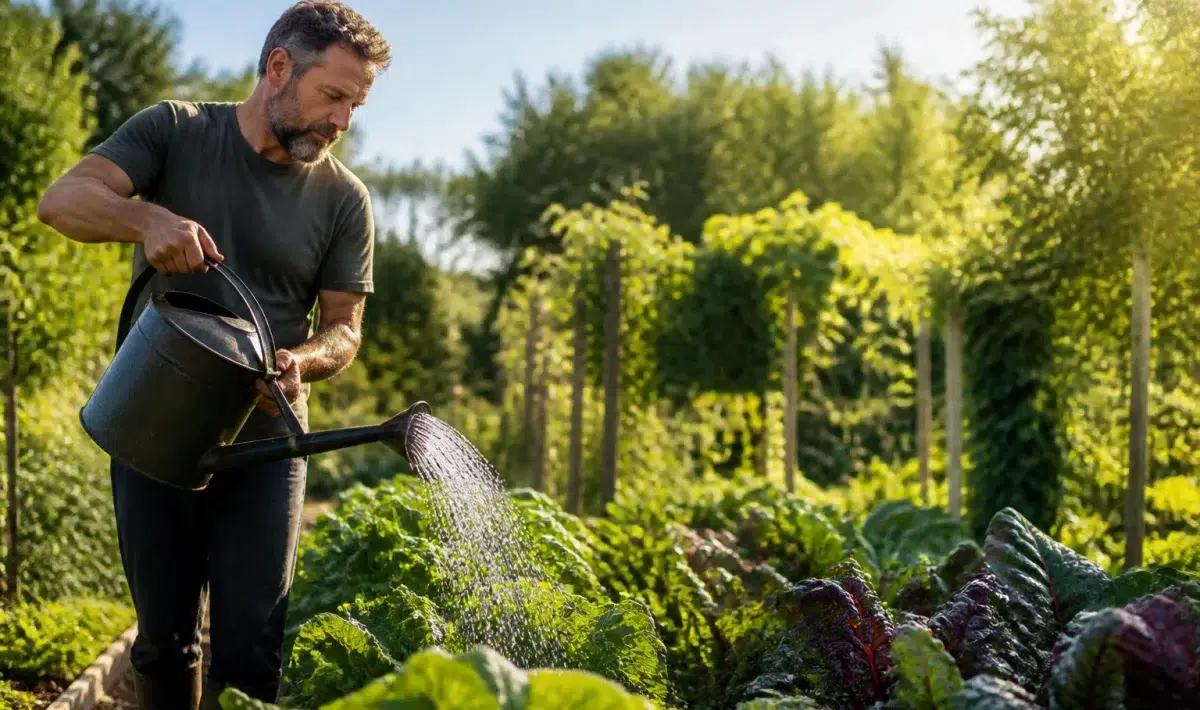 Tuinman giet water op groenten onder sterke middagzon