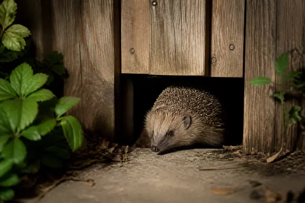 Tuinpoortje onderaan houten schutting voor nachtelijke egelbewegingen