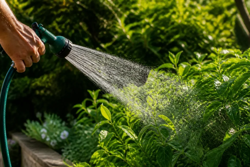 Tuinslang spuit water op groene planten in tuin