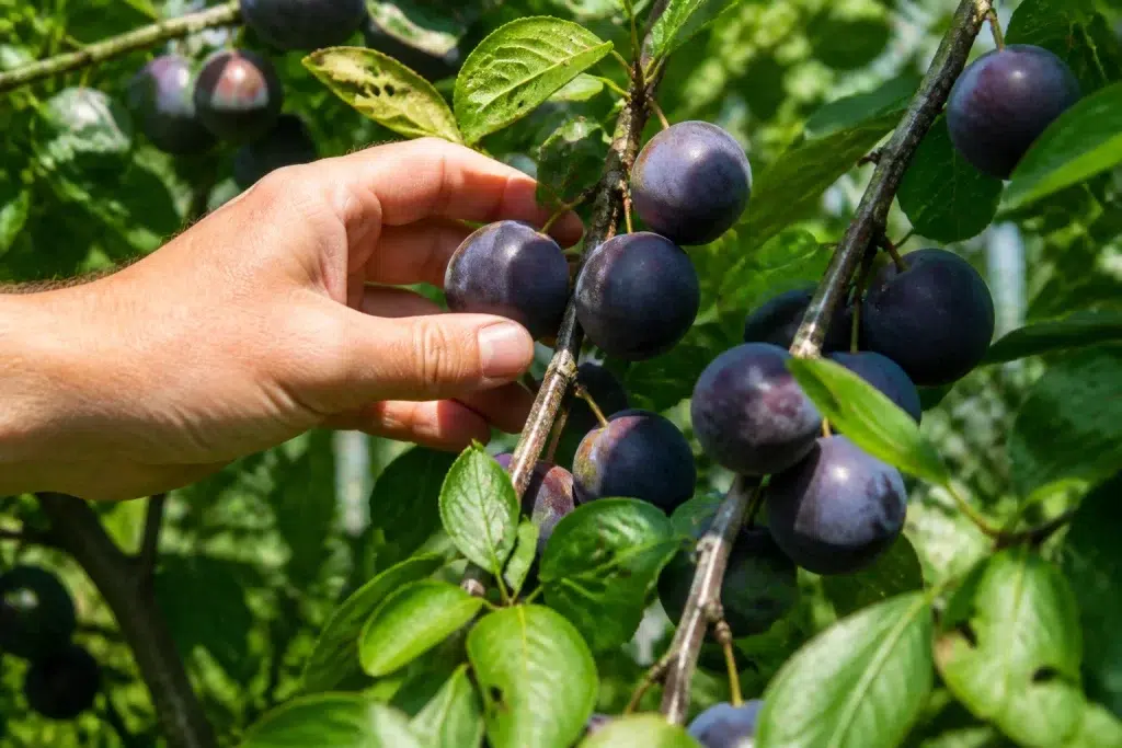 Tuinhand selecteert vuistbalgrote vruchten aan planttak augustus
