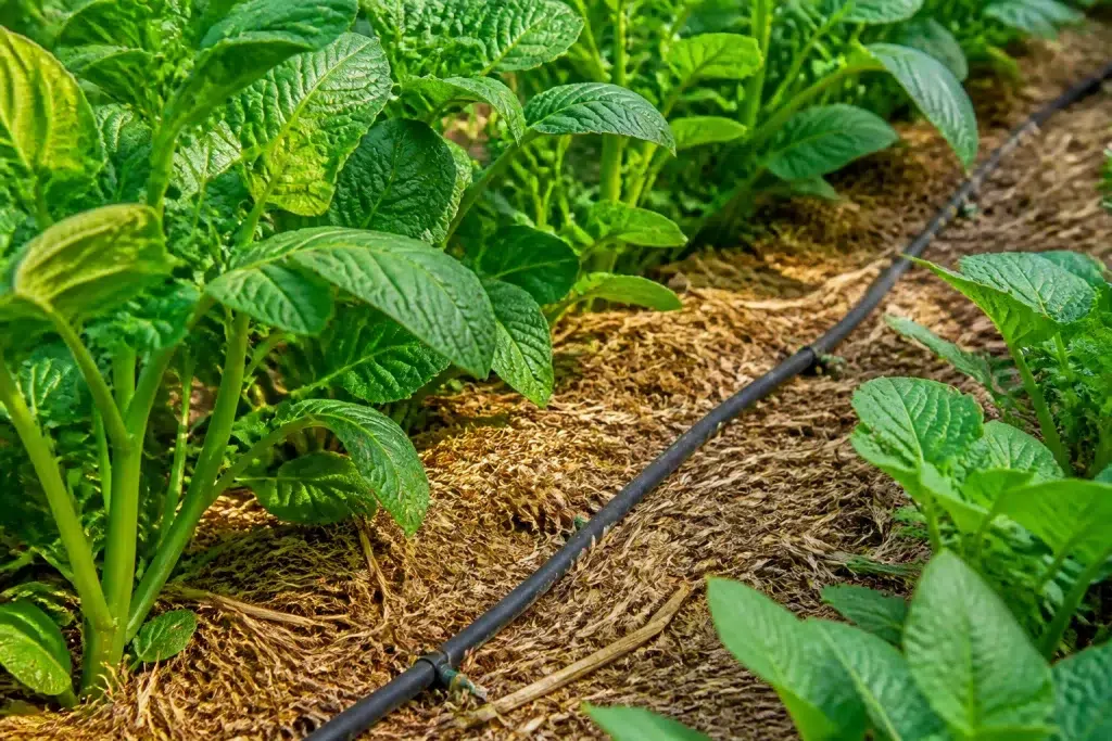 Groententuin met druppelirrigatie en mulch tussen planten