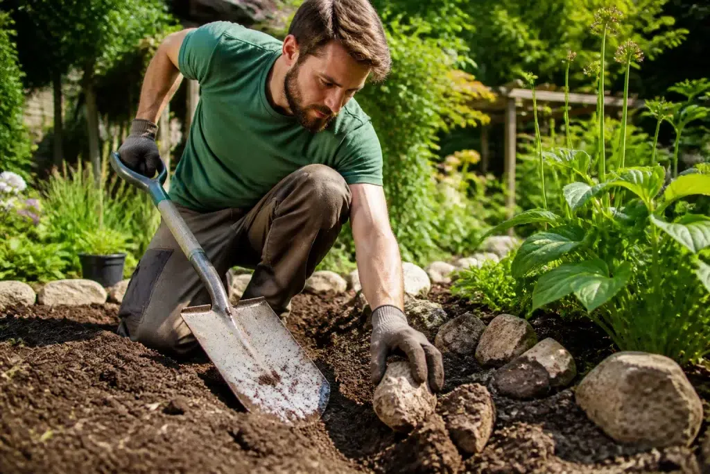 Tuinman losmakende grond met spade, stenen verwijderend