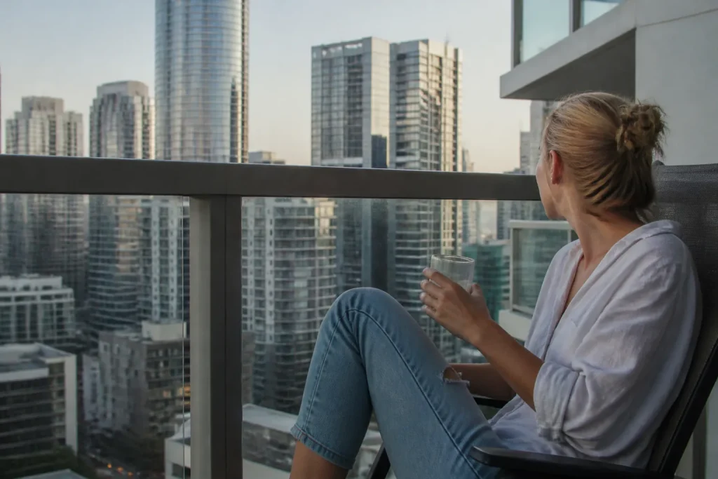 Expats op een balkon met uitzicht op wolkenkrabbers
