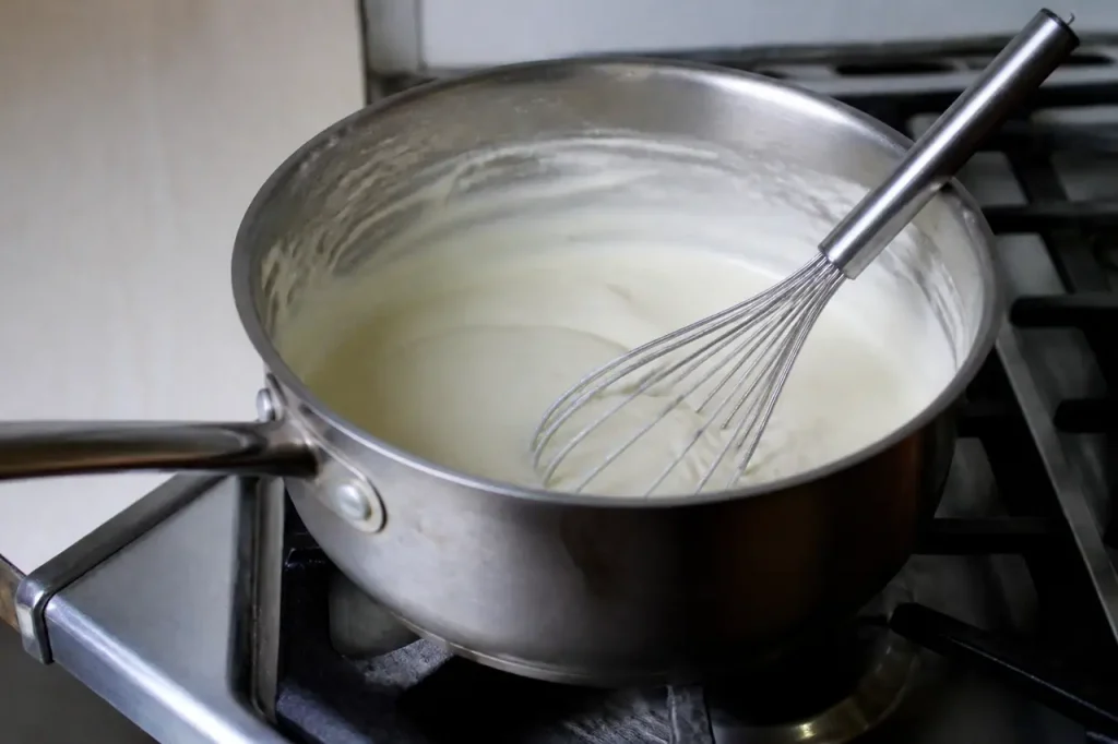 Garde roert romige witte saus in steelpan