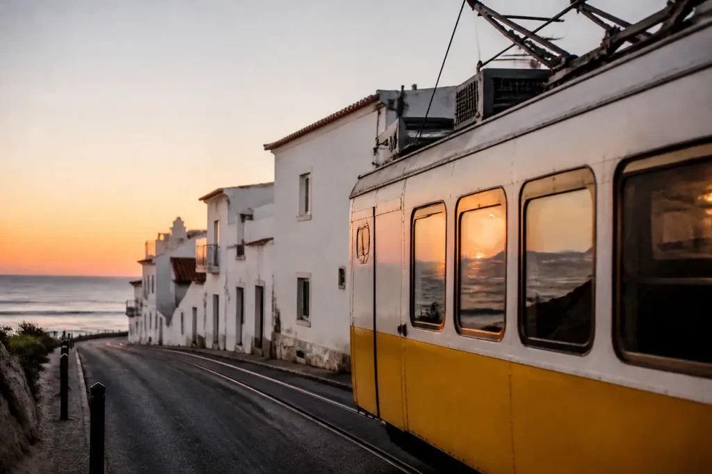 Gele tram rijdt langs witte kustwoningen bij zonsondergang