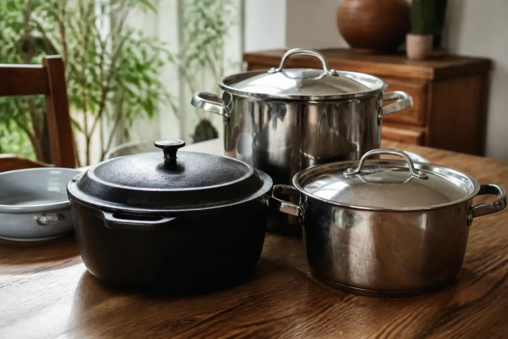 Gietijzeren braadpan en roestvrijstalen kookpotten op houten tafel